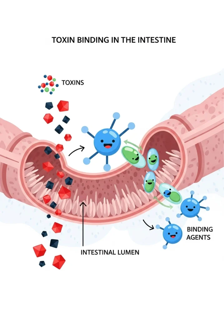 Illustration of toxin binding in the intestines