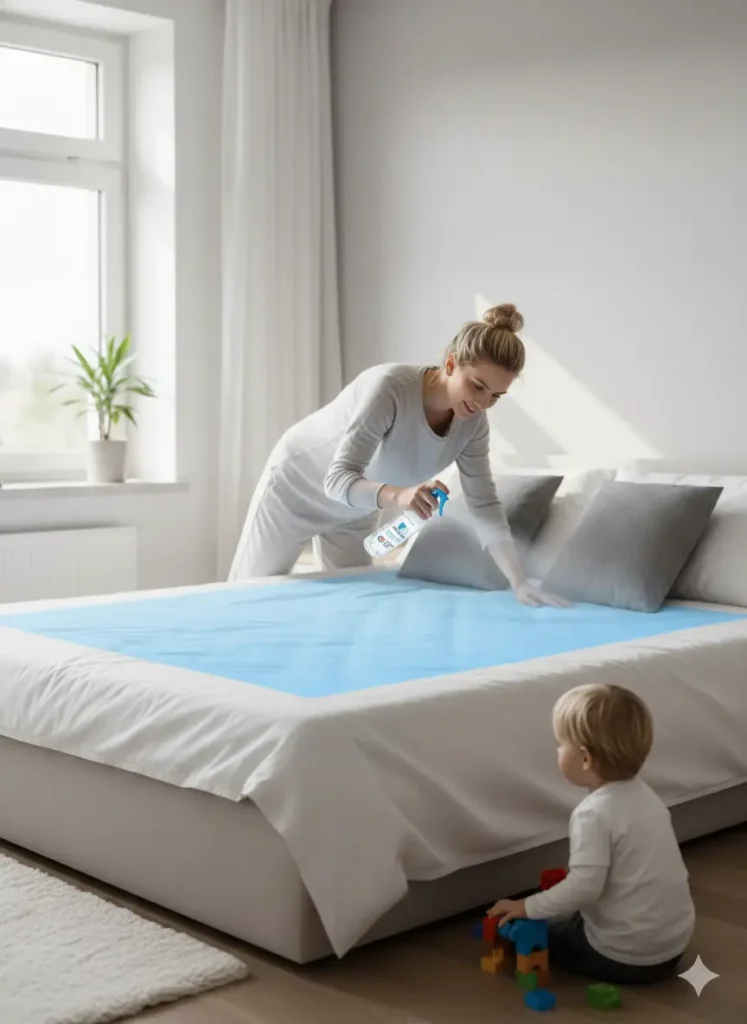A mother sprays Allerweg on the bed to neutralize allergens